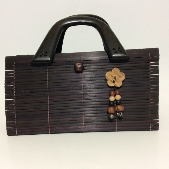 Handbags - Womens Handmade Bamboo Handbag Wood Handles Loop Button Closure  Brown